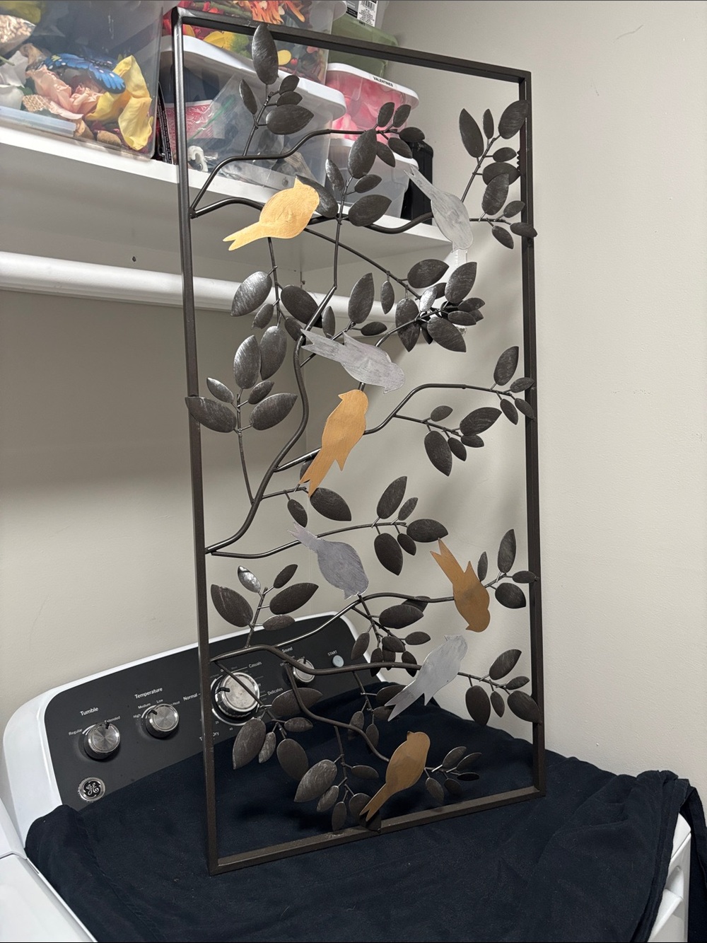 Metal Bird & Branch Wall Decor Panel in Brown with Gold and Silver Birds